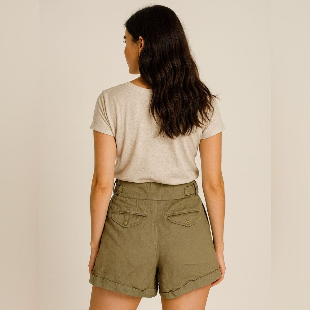 Banana Republic Women's Khaki-Green Linen Cotton Pleated Belted Shorts Size 14 - Picture 2 of 12